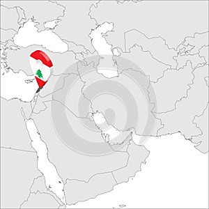 Lebanese Republic Location Map on map Asia. 3d Lebanon flag map marker location pin. High quality map of Lebanon.